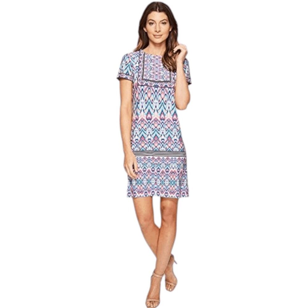 London Times Blue and Pink Mini Shift Dress Size 14 Wedding Guest Dress